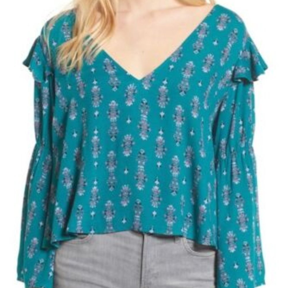 bp TEAL FLORAL TIE BACK TOP BELL SLEEVES Sz L